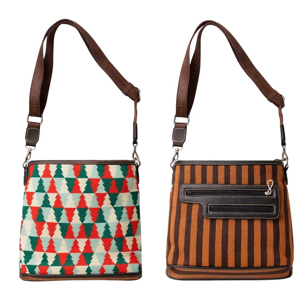 Montana West Christmas Tree Stripe Canvas Crossbody Bag Brown Red Green Holiday